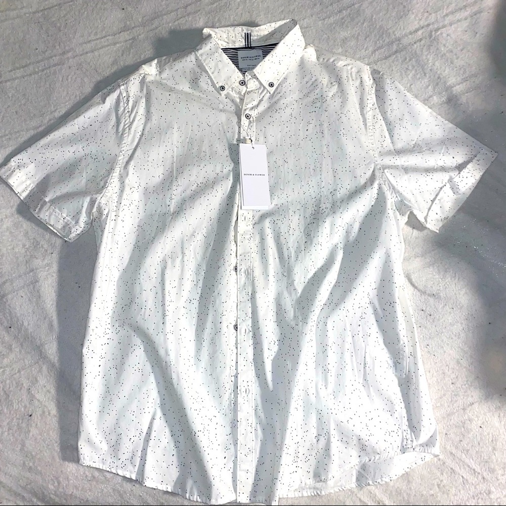 White w/black polkadot button up